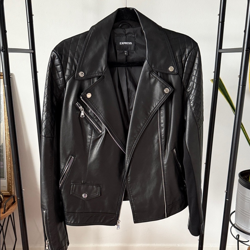 Express Black Vegan Leather Moto Jacket with Quilted Shoulders